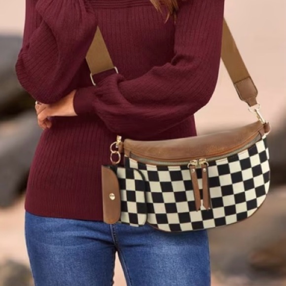 Checkered Black & Cream with Brown Accents Women's Crossbody or Waist Bag NWT - Picture 2 of 5